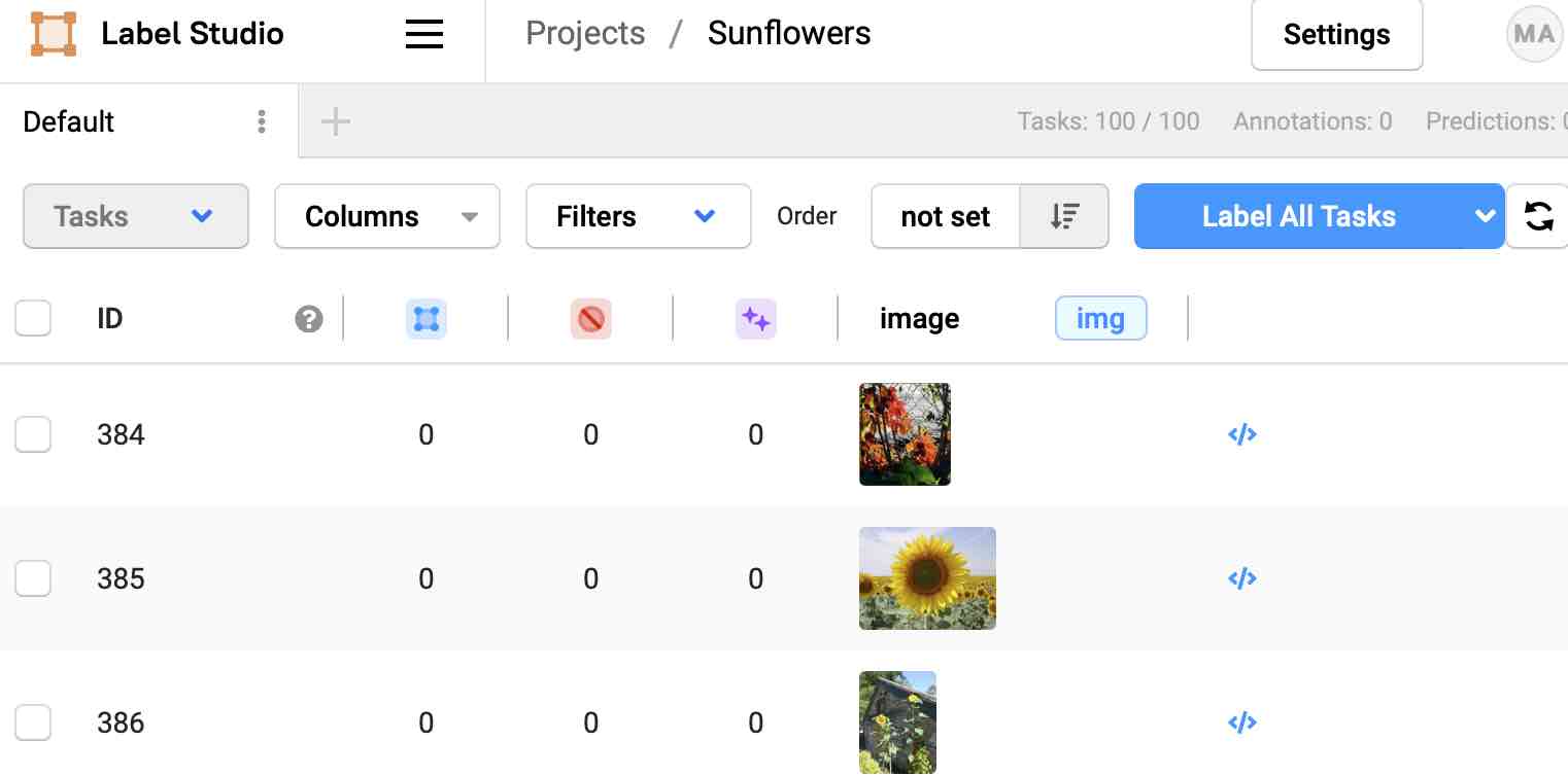 LabelStudio tasks fully imported and showing images.
