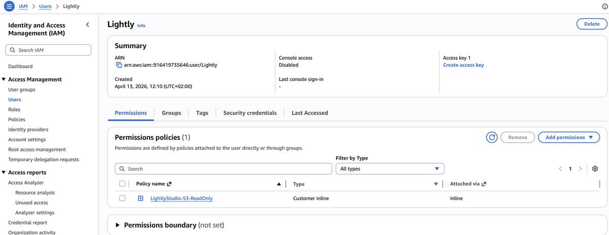 User detail page with Create access key link